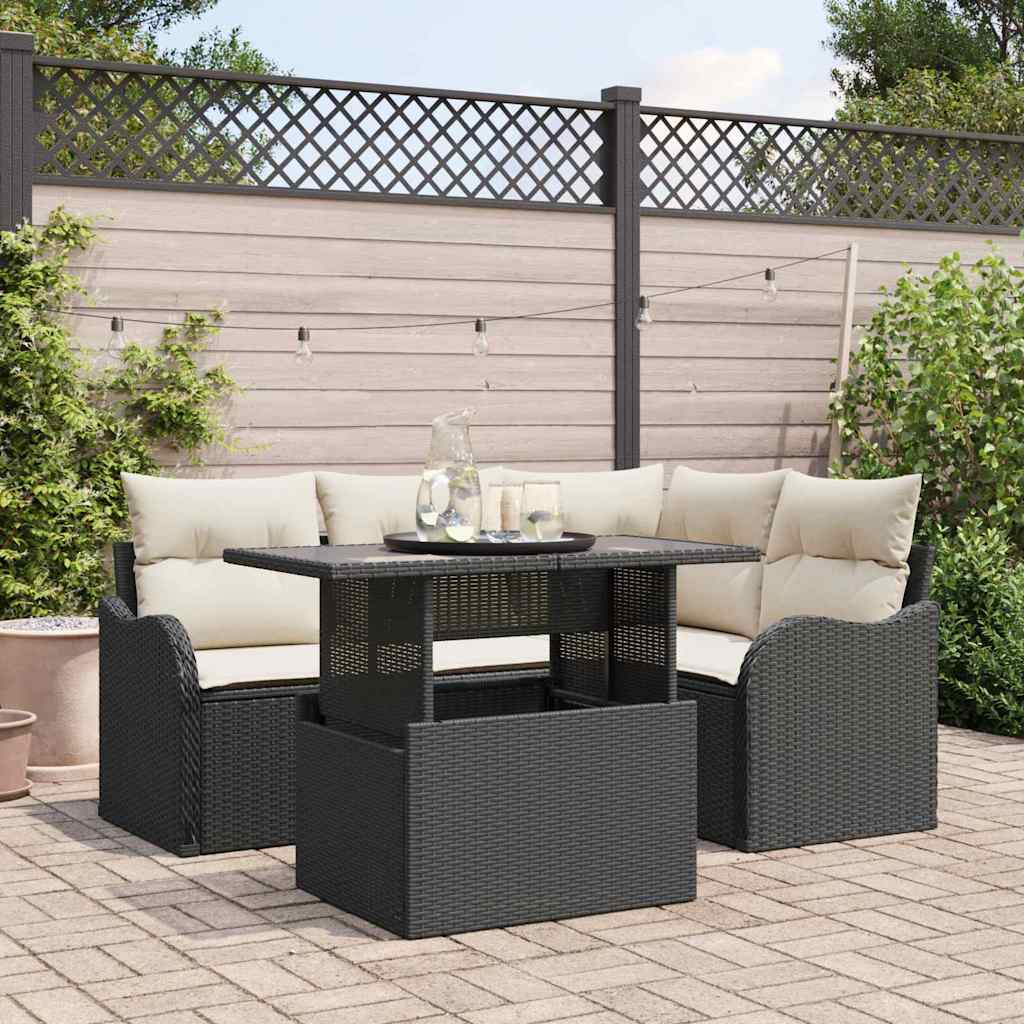 Gartensofa-Set mit Kissen, 5-teilig, Schwarz