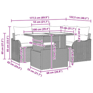 Gartensofa Set Braun Poly Rattan mit Kissen 5-teilig