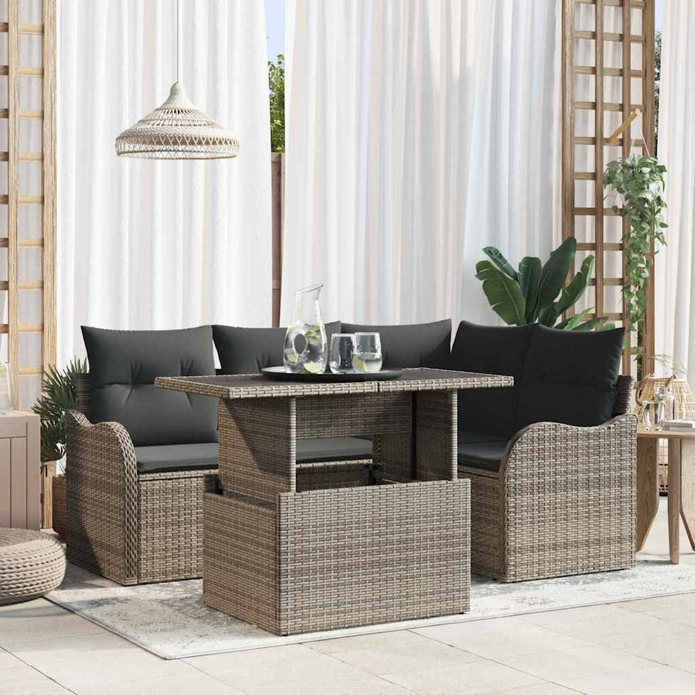 Gartensofa Set Grau Poly Rattan mit Kissen 5-teilig