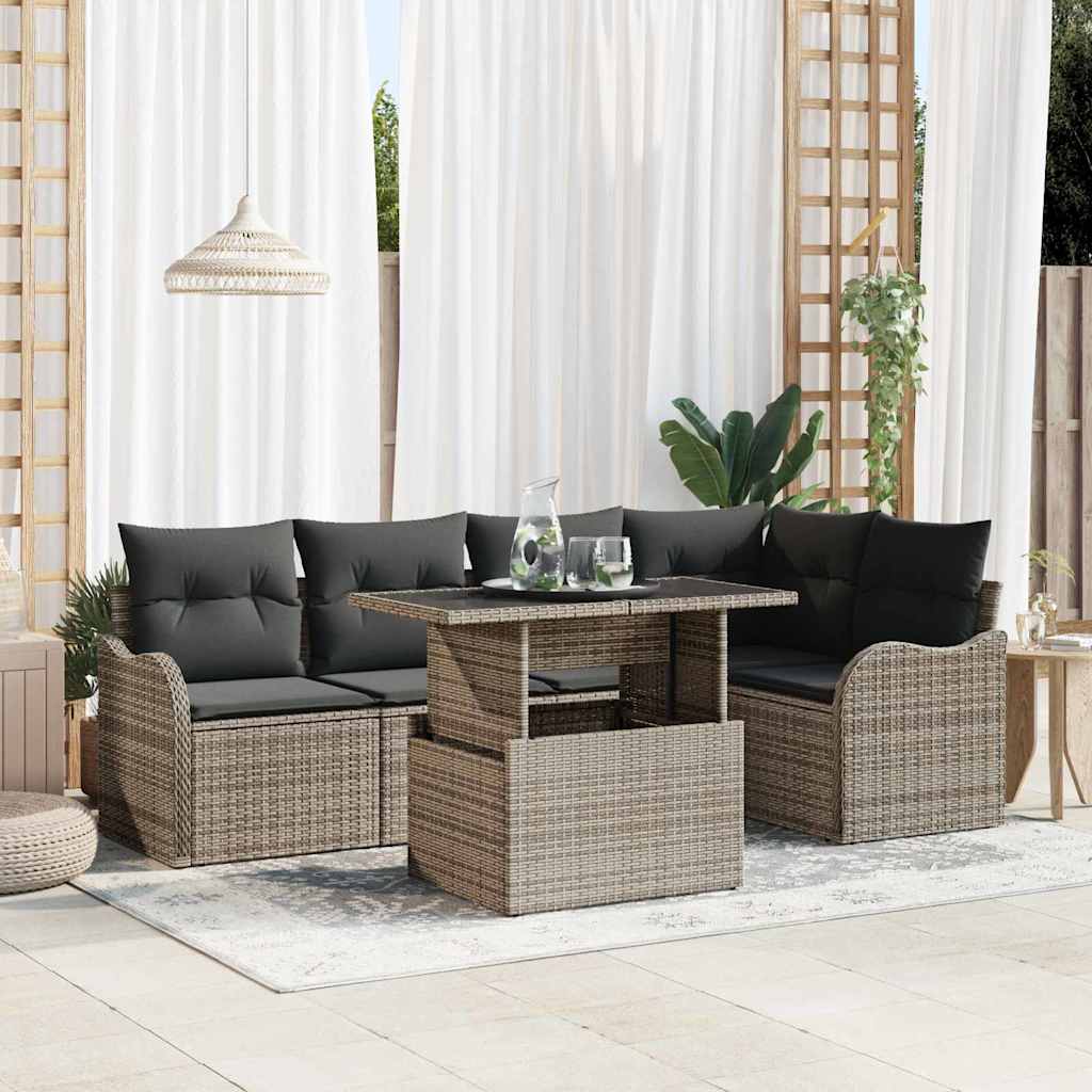 Graues Poly Rattan Gartensofa Set mit Kissen, 6-teilig