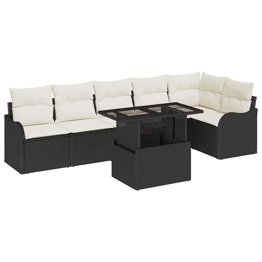 Schwarzes Gartensofa-Set mit Kissen, 7-teilig