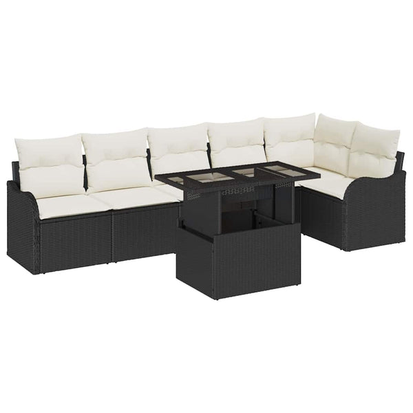 Schwarzes Gartensofa-Set mit Kissen, 7-teilig
