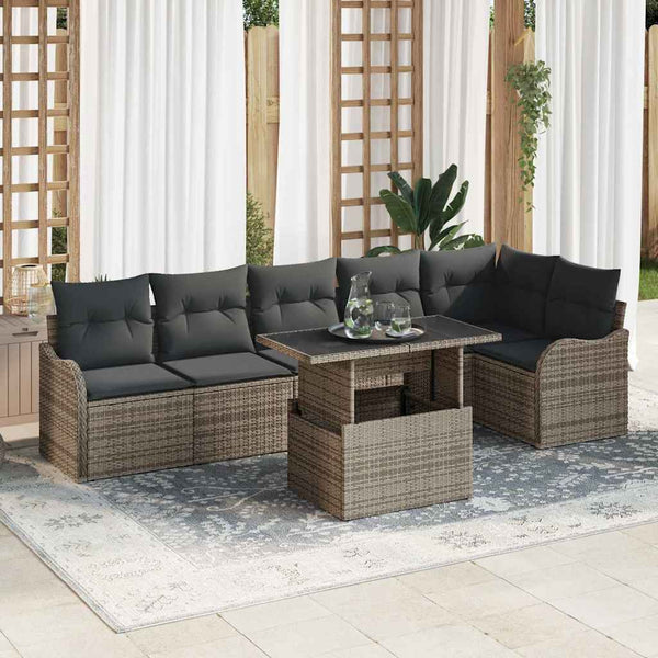 Gartensofa Set Grau Poly Rattan 7-teilig