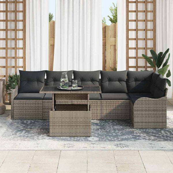 Gartensofa Set Grau Poly Rattan 7-teilig