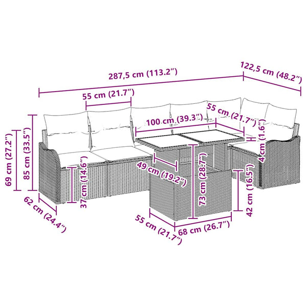 Gartensofa Set Grau Poly Rattan 7-teilig