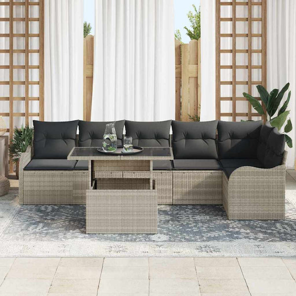 Gartensofa Set Hellgrau Poly Rattan 7-teilig