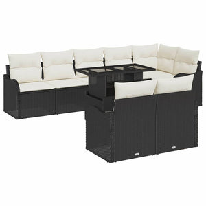 Schwarzes Poly Rattan Gartensofa-Set mit Kissen, 9-teilig