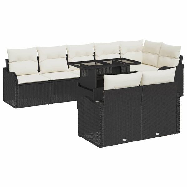 Schwarzes Poly Rattan Gartensofa-Set mit Kissen, 9-teilig