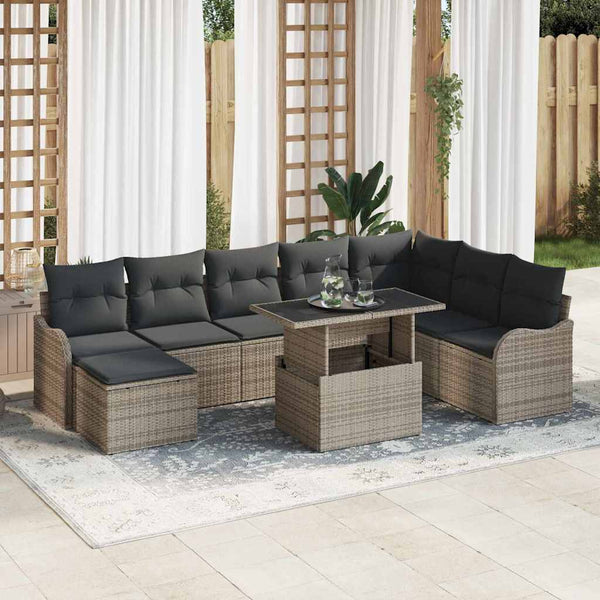 Graues Poly Rattan Gartensofa-Set mit Kissen, 9-teilig