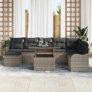 Graues Poly Rattan Gartensofa-Set mit Kissen, 9-teilig