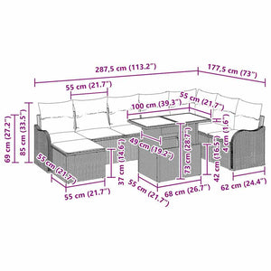 Graues Poly Rattan Gartensofa-Set mit Kissen, 9-teilig