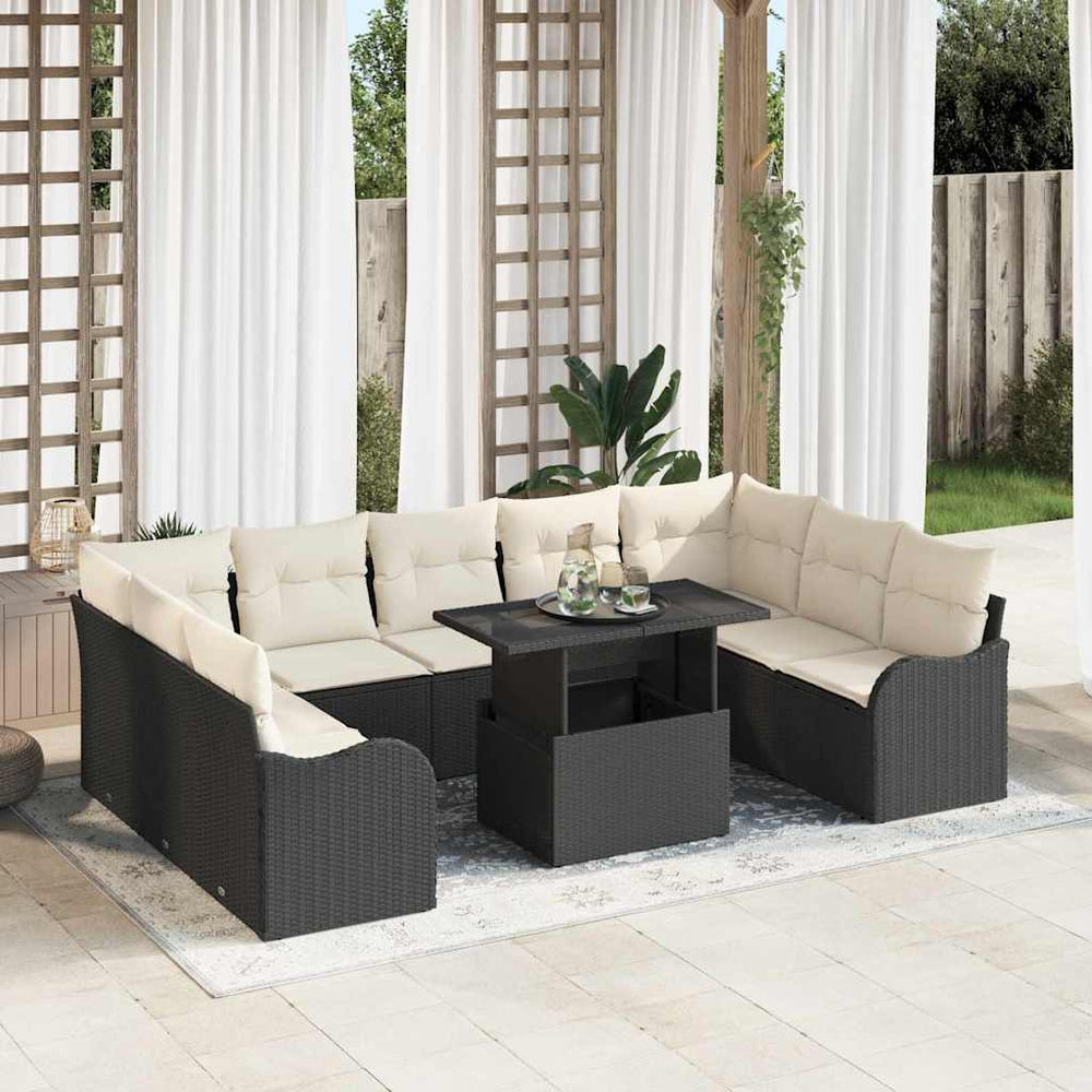 Schwarzes Gartensofa-Set mit Kissen, 10-teilig