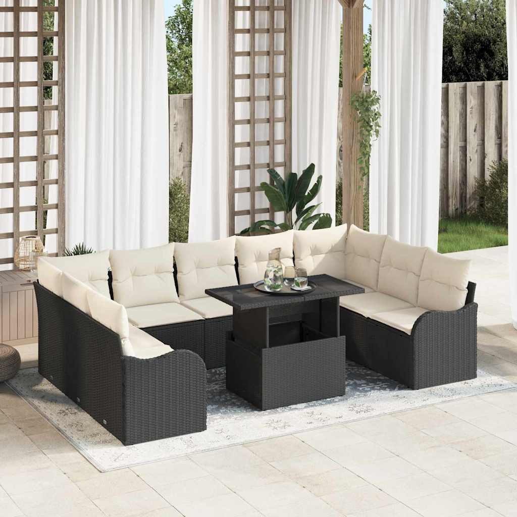 Schwarzes Gartensofa-Set mit Kissen, 10-teilig