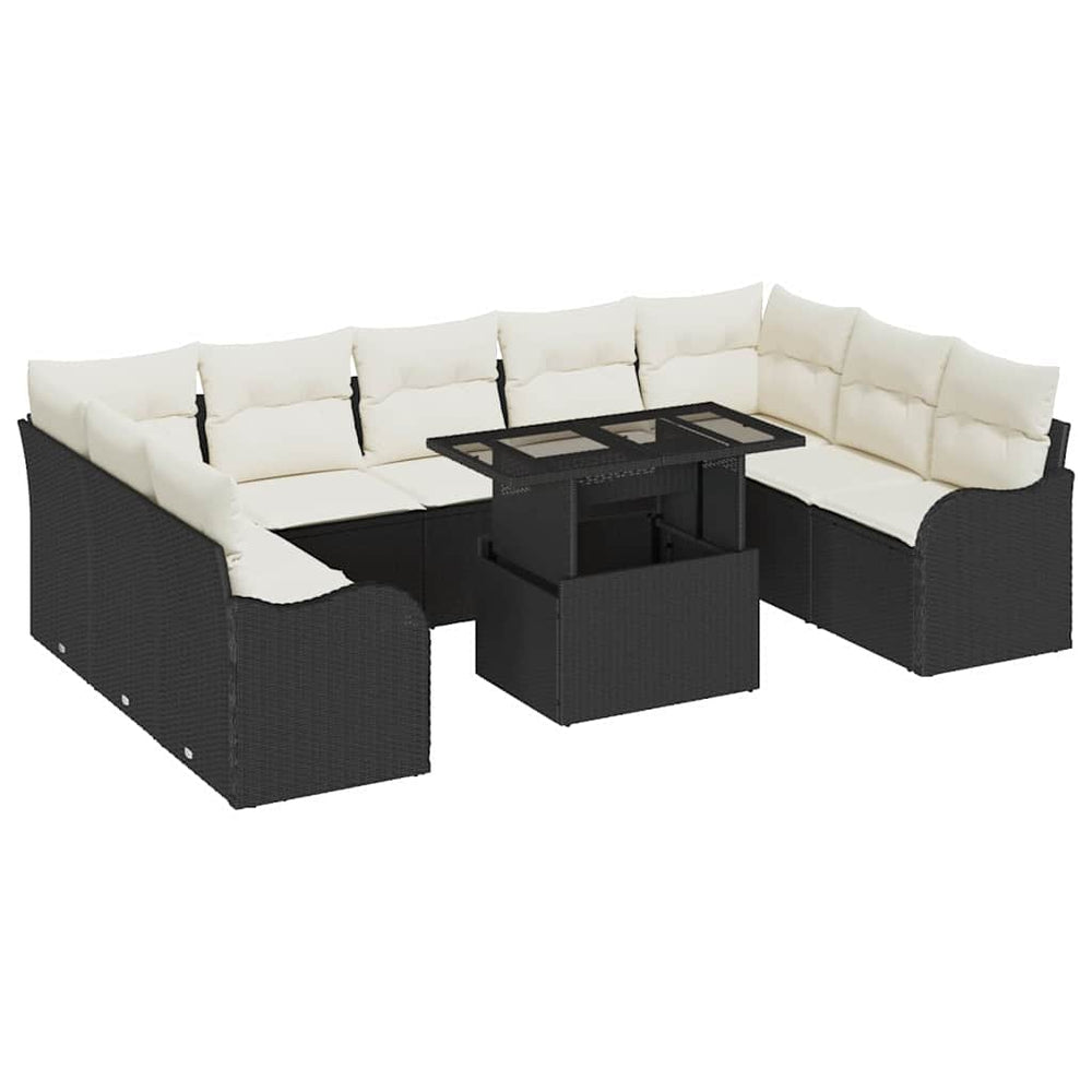 Schwarzes Gartensofa-Set mit Kissen, 10-teilig
