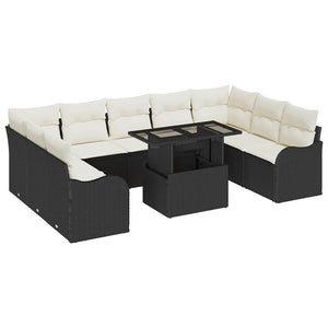 Schwarzes Gartensofa-Set mit Kissen, 10-teilig