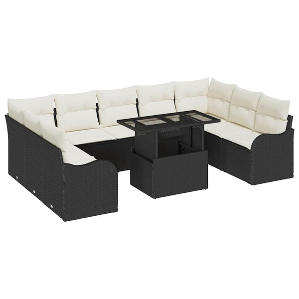 Schwarzes Gartensofa-Set mit Kissen, 10-teilig