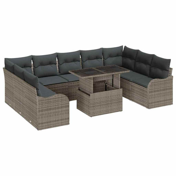 Graues Poly Rattan Gartensofa Set mit Kissen, 10-teilig