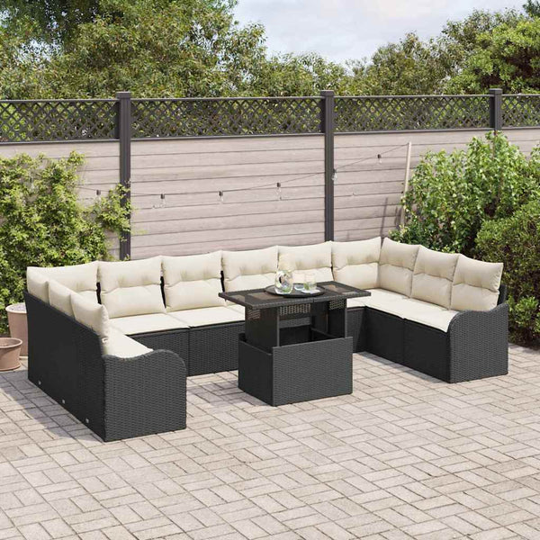 Gartensofa Set Schwarz Poly Rattan mit Kissen 11-teilig