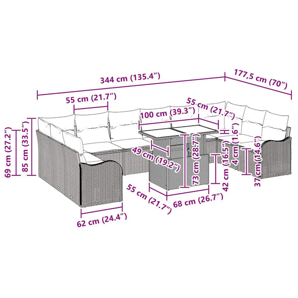 Gartensofa Set Schwarz Poly Rattan mit Kissen 11-teilig