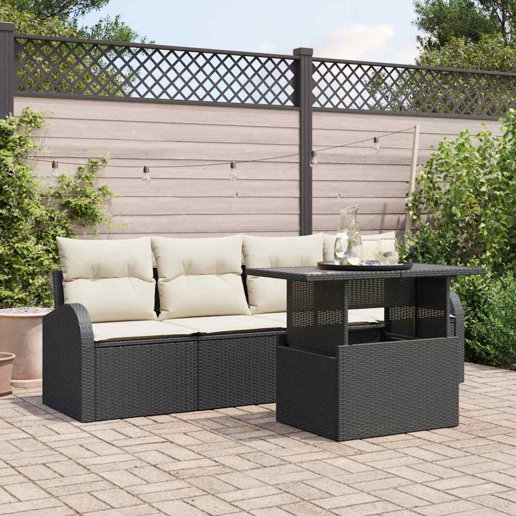 Schwarzes Poly Rattan Gartensofa Set mit Kissen, 5-teilig
