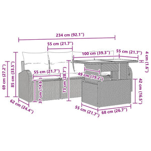 Schwarzes Poly Rattan Gartensofa Set mit Kissen, 5-teilig
