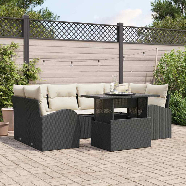 Schwarzes Poly Rattan Gartensofa-Set mit Kissen, 7-teilig