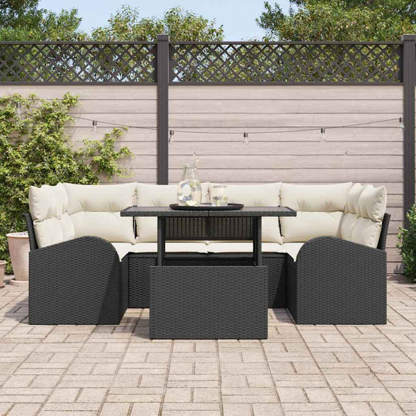 Schwarzes Poly Rattan Gartensofa-Set mit Kissen, 7-teilig