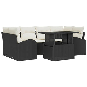 Schwarzes Poly Rattan Gartensofa-Set mit Kissen, 7-teilig