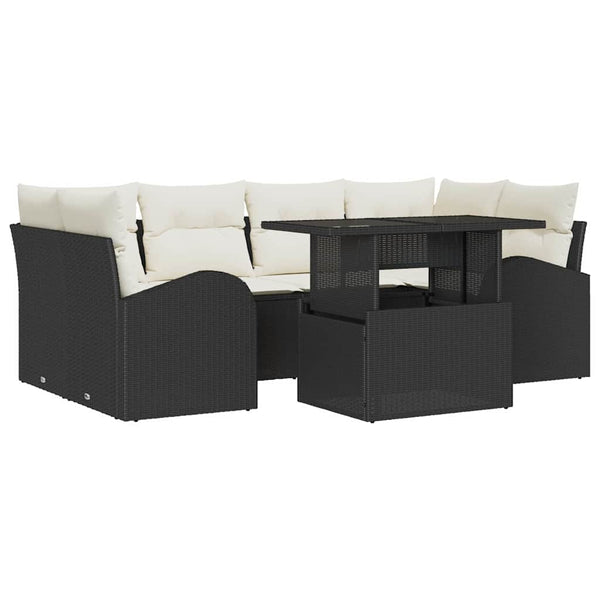 Schwarzes Poly Rattan Gartensofa-Set mit Kissen, 7-teilig