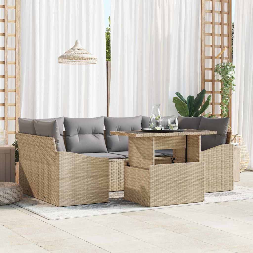 vidaXL Salon de jardin avec coussins et espace de rangement 7 pcs Beige Résine tressée