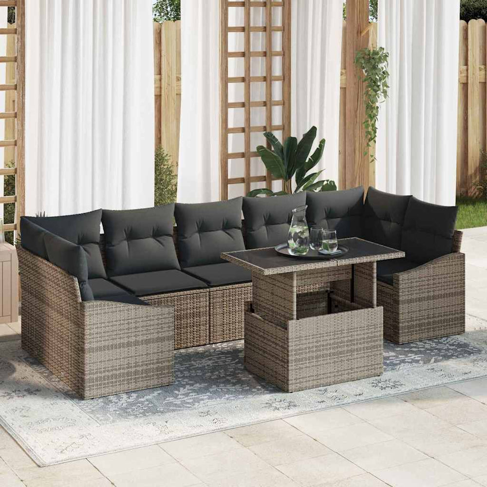 vidaXL Salon de jardin 8 pcs avec coussins et rangement Gris Résine tressée