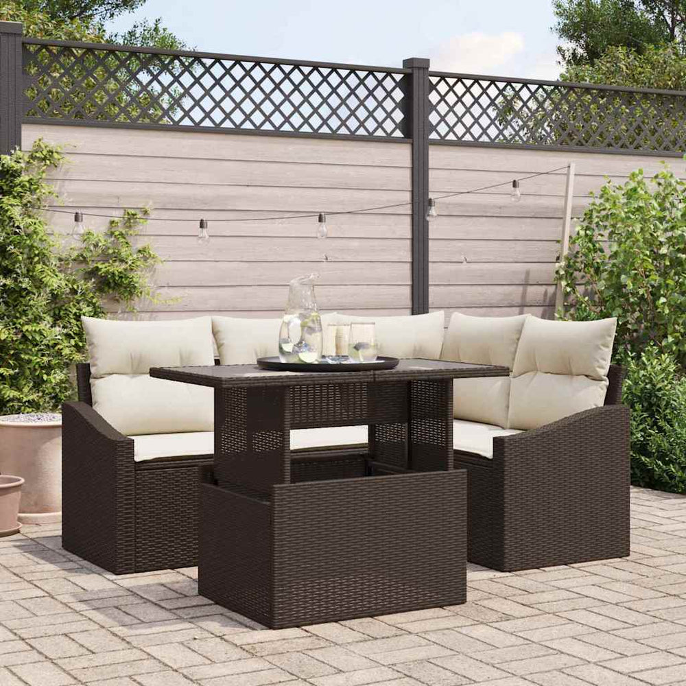 vidaXL Salon de jardin 5 pcs avec coussins et rangement Marron et crème