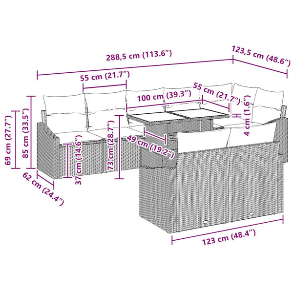 Graues Gartensofa-Set mit Kissen und Stauraum, 9-teilig
