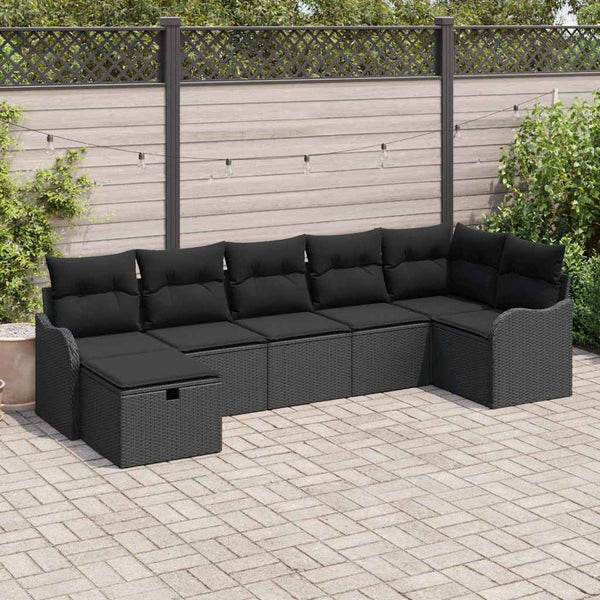 vidaXL Ensemble de canapés avec coussins avec rangement 7 pcs Noir Résine tressée