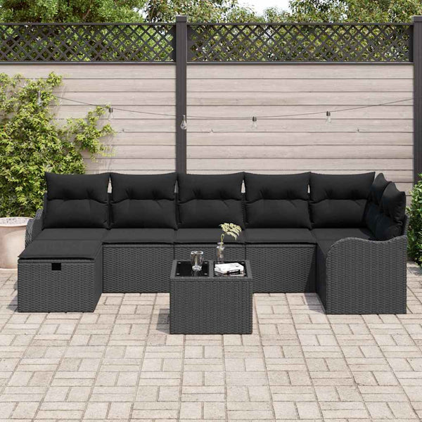 Schwarzes Poly-Rattan Sofa Set mit Kissen & Stauraum