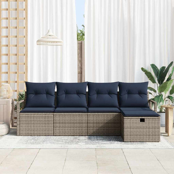 Grau/Marineblaues Poly-Rattan Sofa-Set mit Kissen, 5-teilig