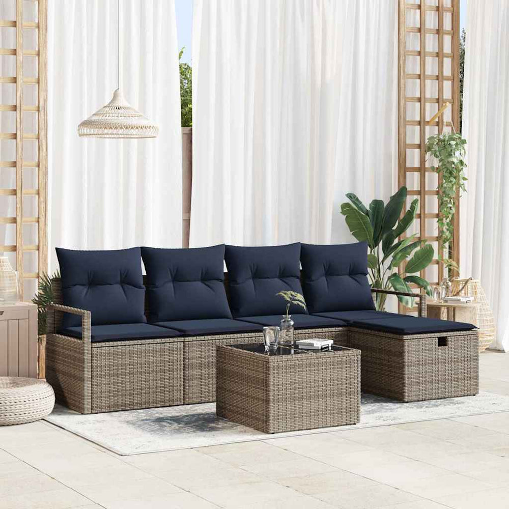 Poly Rattan Sofa Set Grau/Marineblau mit Kissen
