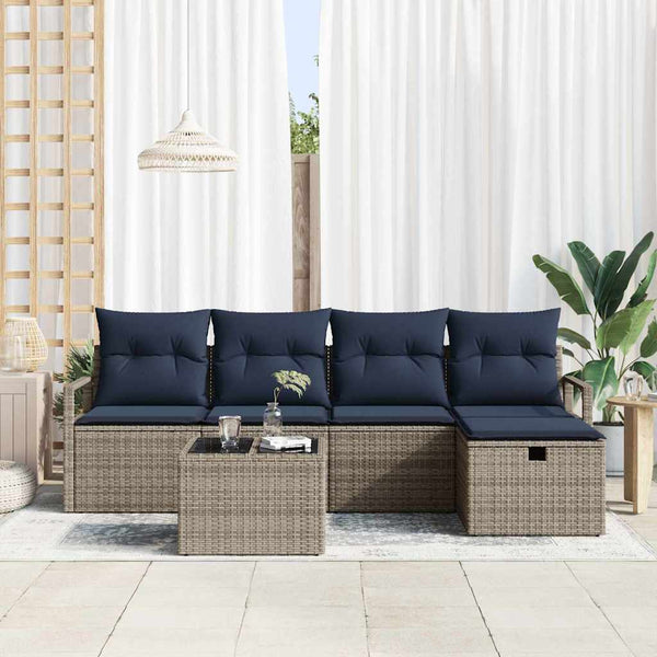 vidaXL Ensemble de canapés avec coussins gris et bleu marine, en polyrotin