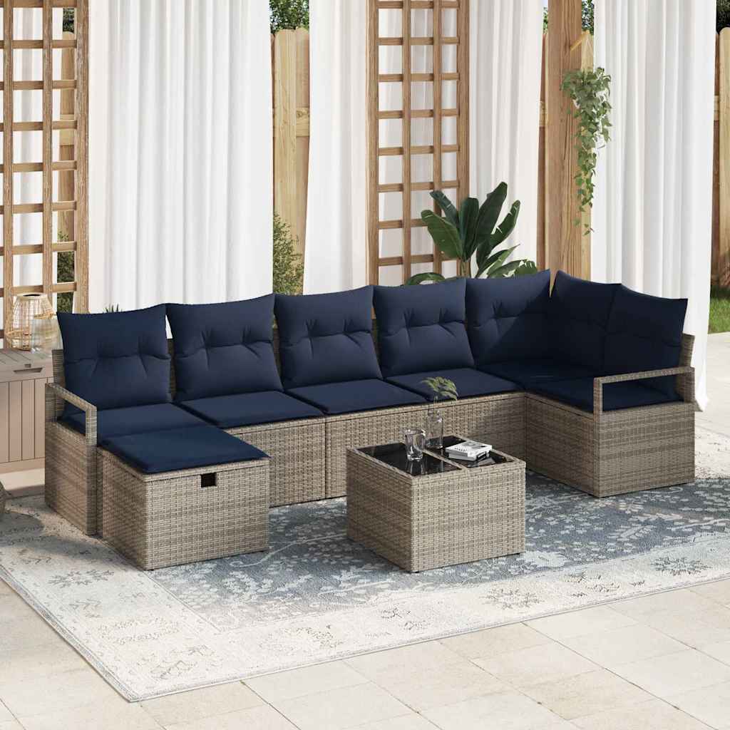 Poly Rattan Sofa Set Grau Marineblau 8-teilig