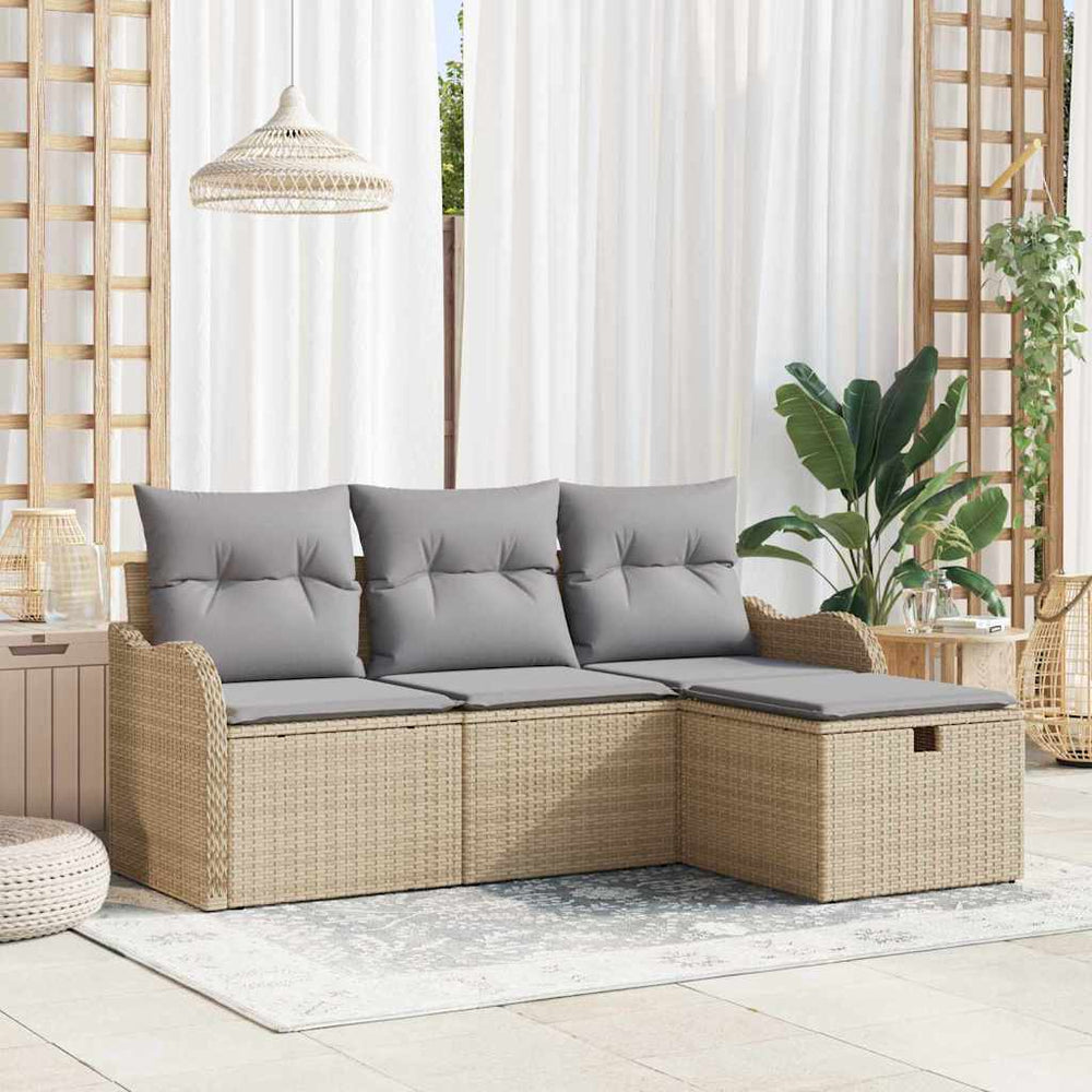 vidaXL Salon de jardin 4 pcs avec coussins et espace de rangement poly rotin beige