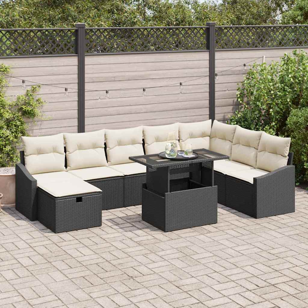 Garten Sofa Set Schwarz Poly Rattan 9-teilig