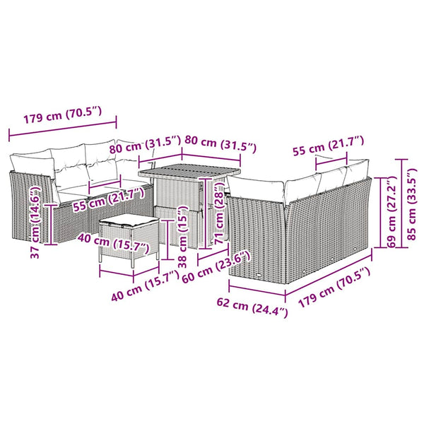 Gartensofa Set Beige Poly Rattan 9-teilig