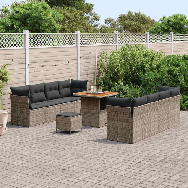 Graues Poly-Rattan Gartensofa-Set, 11-teilig
