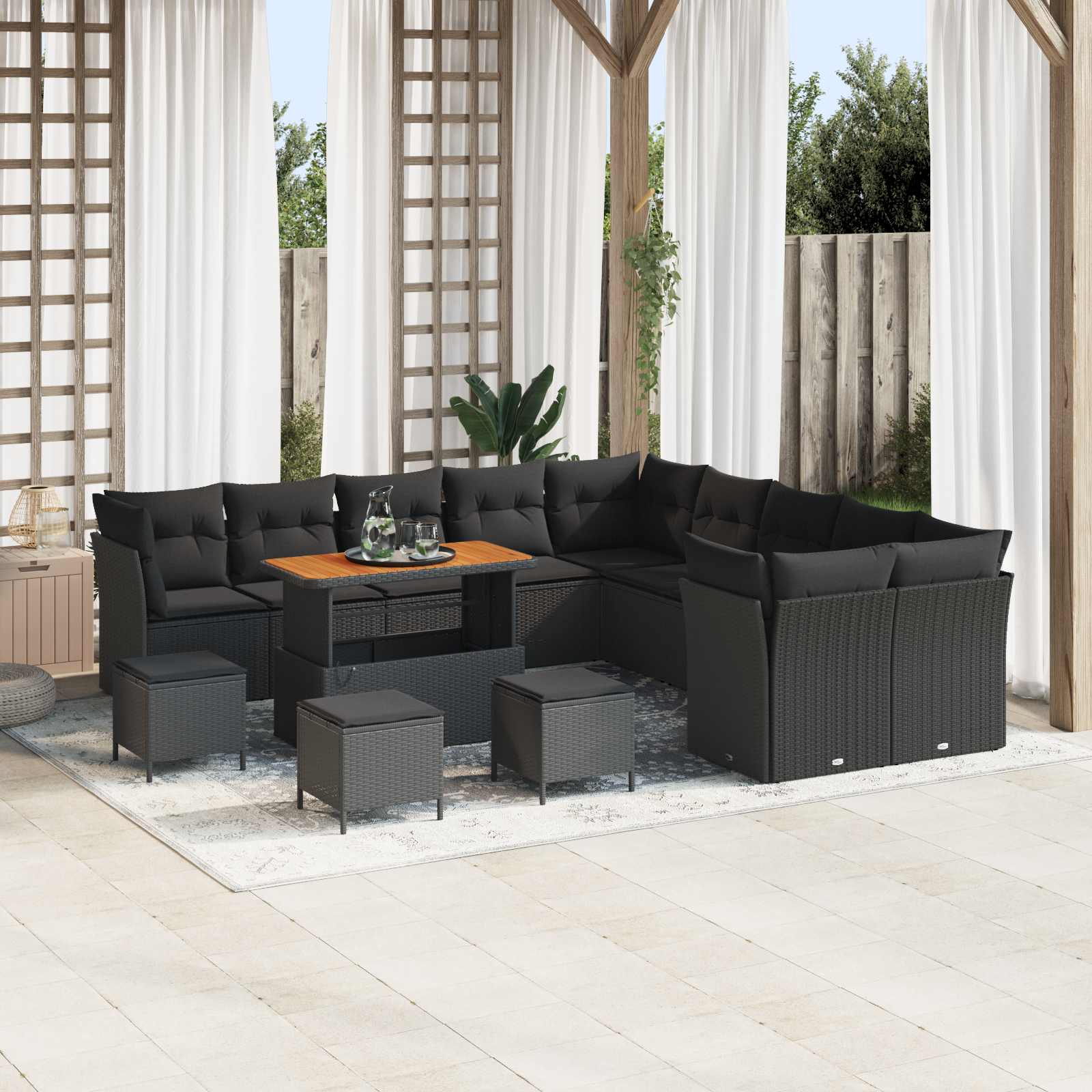Schwarzes Poly-Rattan Gartensofa-Set, 14-teilig