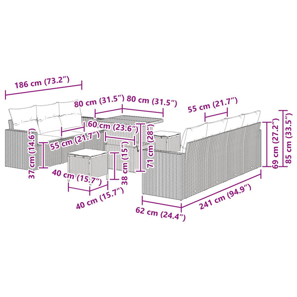 Garten Sofa Set 10-teilig Schwarz Rattan