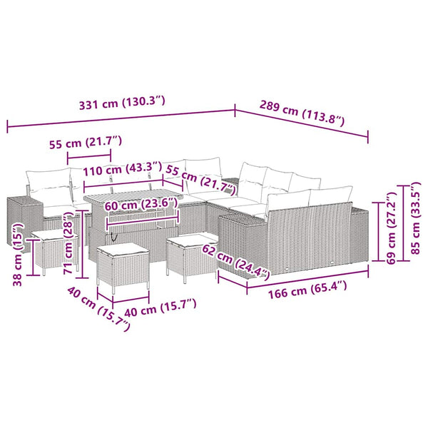 Graues Poly-Rattan Gartensofa-Set mit Kissen, 14-teilig