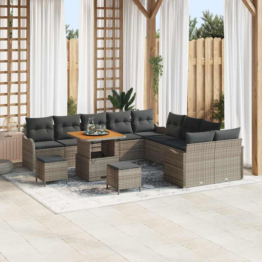 Graues Poly-Rattan Gartensofa-Set mit Kissen, 13-teilig