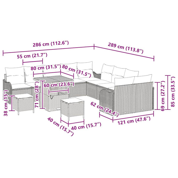 Graues Poly-Rattan Gartensofa-Set mit Kissen, 13-teilig