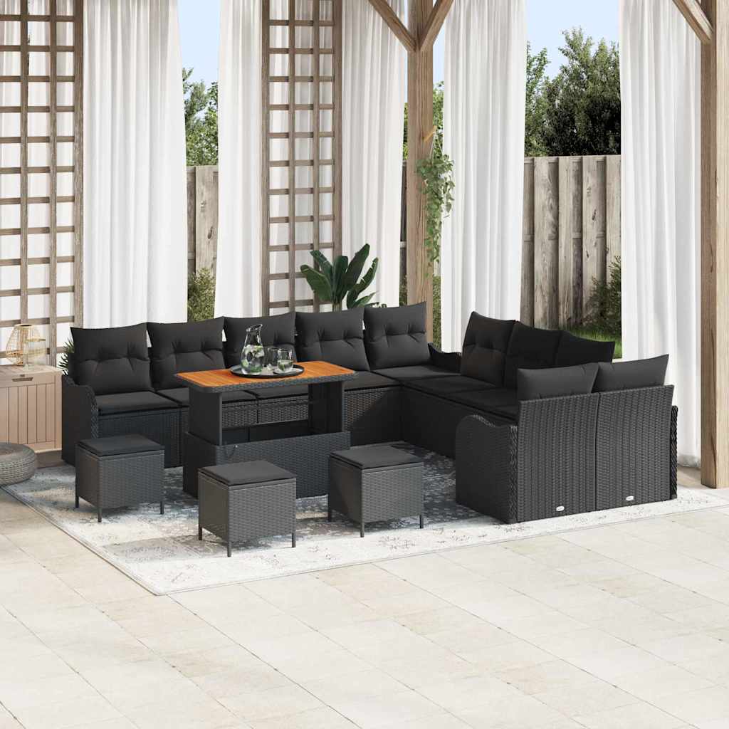 Schwarzes Poly-Rattan Garten-Sofa-Set mit Kissen, 14-teilig
