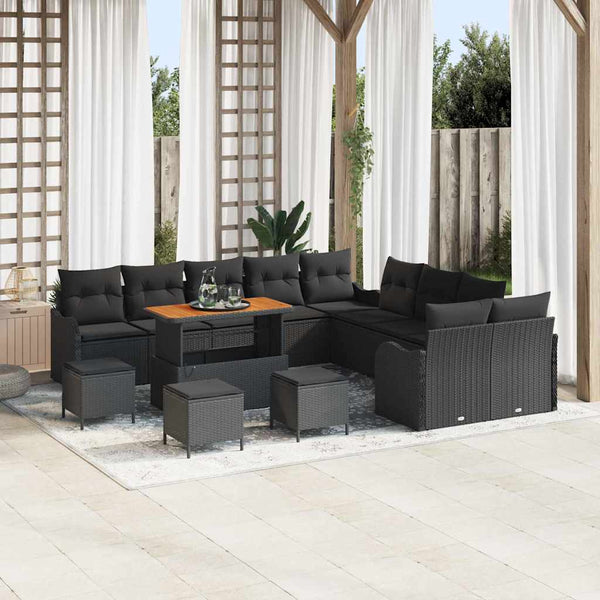 Schwarzes Poly-Rattan Garten-Sofa-Set mit Kissen, 14-teilig